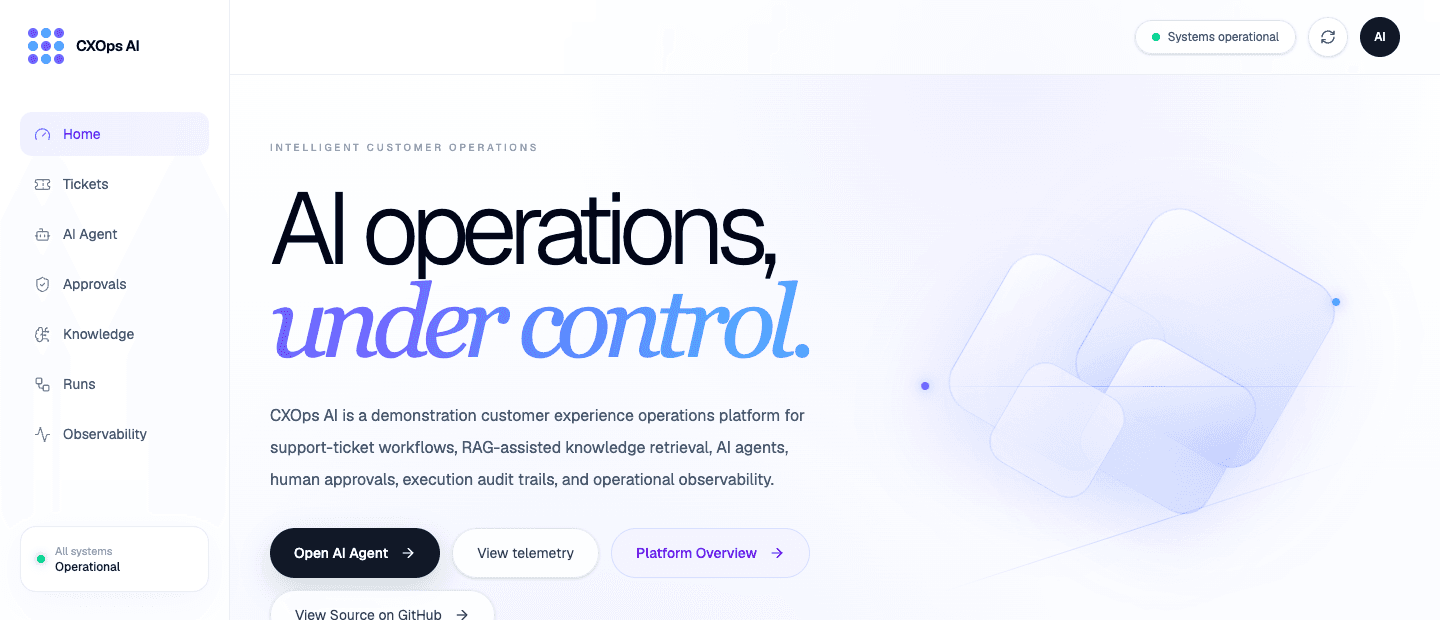 CXOps AI public introductory screen describing its customer-operations demonstration.