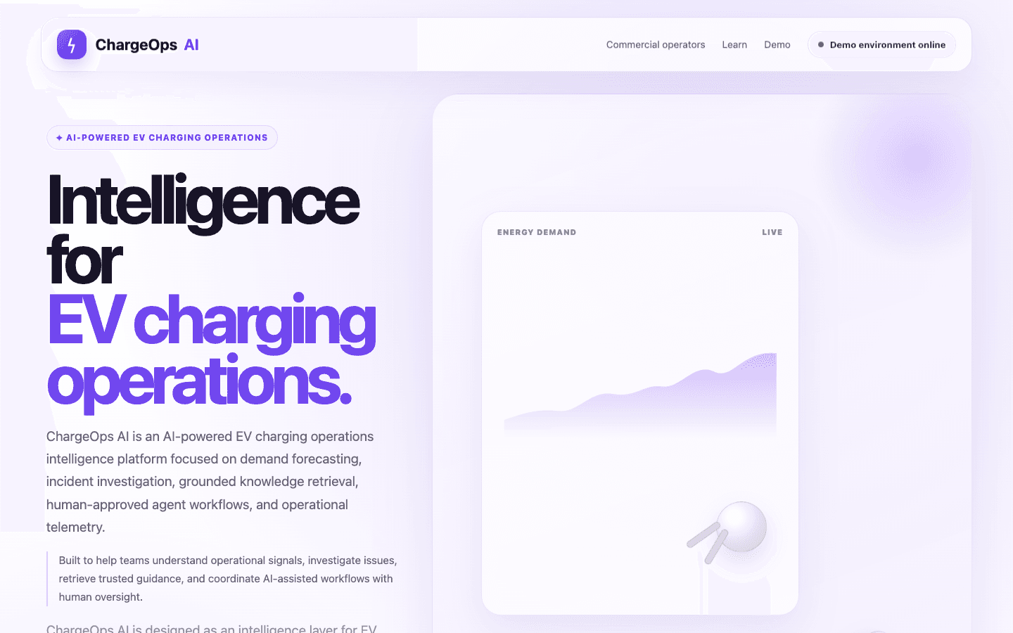ChargeOps AI public landing page introducing its EV charging operations demonstration.