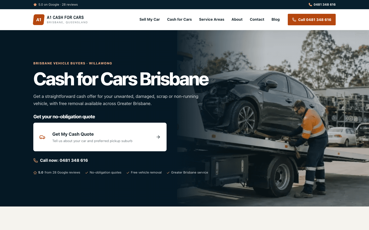 A1 Cash for Cars desktop homepage with the vehicle-removal introduction and quote entry.