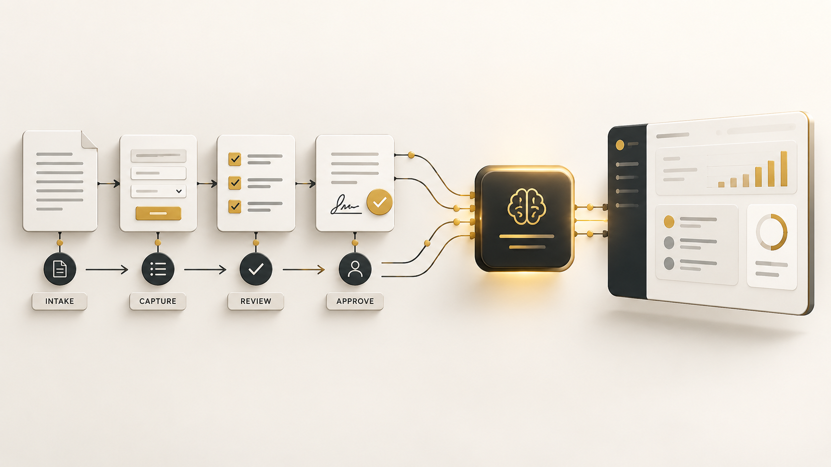 Business workflow moving from intake, capture, review and approval into an AI-assisted system and operational dashboard.