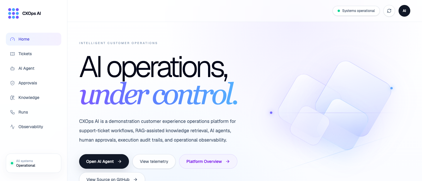 CXOps AI public introductory screen describing its customer-operations demonstration.