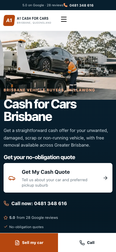 Mobile view of the A1 Cash for Cars website showing its compact navigation and vehicle-service introduction.