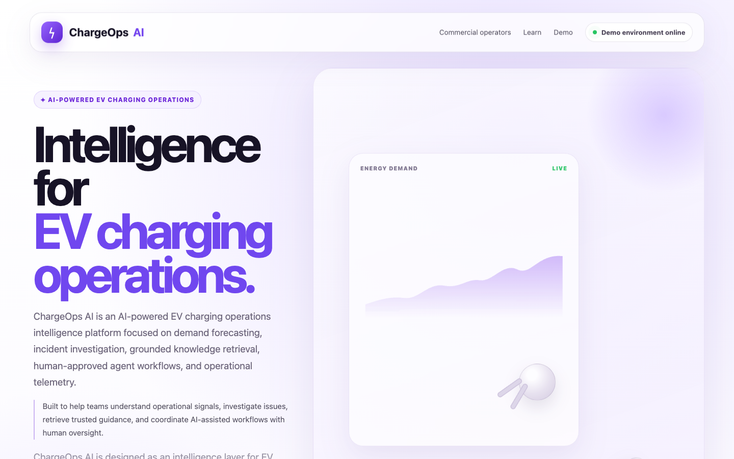 ChargeOps AI public landing page introducing its EV charging operations demonstration.