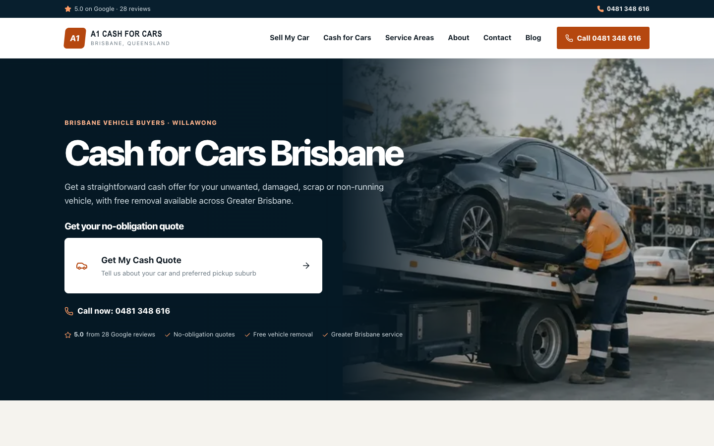 A1 Cash for Cars desktop homepage with the vehicle-removal introduction and quote entry.